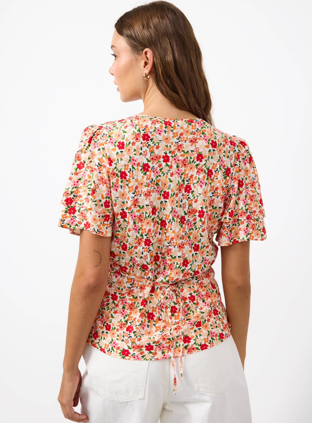 Orange Floral Printed Short Sleeve Tie Back Top 20 - Image 4